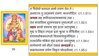 29
न वविोधो बलवता क्षमो िावण तेन ते ।
अनादृत्य तु तद्वाक्यं िावण: कालचोद्रदत: ।।1.1.51।।
जिाम सह मािीचस्तस्याश्रमपदं तदा ।
तेन मायाववना दूिमपवाह्य नृपात्मजौ ।।1.1.52।।
जहाि भायां िामस्य गृध्रं हत्वा जटायुषम्।
गृध्रं च तनहतं दृष््वा हृतां श्रुत्वा च मैधथलीम्।।1.1.53।।
िाघवश्शोकसन्तप्तो ववललापाक
ु लेजन्िय: ।
ततस्तेनैव शोक
े न गृध्रं दवध्वा जटायुषम्।।1.1.54।।
मागुमाणो वने सीतां िाक्षसं सन्ददर्ग ह ।
कबन्धन्नाम रूपेण ववकृ तं घोिदशुनम्।।1.1.55।।
 