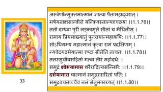 33
अस्त्रेणोन्मुक्तमात्मानं ज्ञात्वा पैतामहाद्विात्।
मषुयन्राक्षसान्वीिो यजन्त्रणस्तान्यदृच्छया ।।1.1.76।।
ततो दवध्वा पुिीं लङ्कामृते सीतां च मैधथलीम्।
िामाय वप्रयमाख्यातुं पुनिायान्महाकवप: ।।1.1.77।।
सोऽधधगम्प्य महात्मानं कृ त्वा िामं प्रदक्षक्षणम्।
न्यवेदयदमेयात्मा दृष्टा सीतेतत तत्त्वत: ।।1.1.78।।
ततस्सुग्रीवसद्रहतो गत्वा तीिं महोदधे: ।
समुिं क्षोभयामास शिैिाद्रदत्यसजन्नभै: ।।1.1.79।।
दर्गयामास चात्मानं समुिस्सरितां पतत: ।
समुिवचनाच्चैव नलं सेतुमकाियत्।।1.1.80।।
 