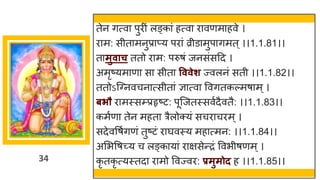 34
तेन गत्वा पुिीं लङ्कां हत्वा िावणमाहवे ।
िाम: सीतामनुप्राप्य पिां व्रीडामुपागमत ्।।1.1.81।।
तामुवाच ततो िाम: परुषं जनसंसद्रद ।
अमृष्यमाणा सा सीता वववेर् ज्वलनं सती ।।1.1.82।।
ततोऽजवनवचनात्सीतां ज्ञात्वा ववगतकल्मषाम ्।
िभौ िामस्सम्प्प्रहृष्ट: पूजजतस्सवुदैवतै: ।।1.1.83।।
कमुणा तेन महता त्रैलोक्यं सचिाचिम ्।
सदेववषुगणं तुष्टं िाघवस्य महात्मन: ।।1.1.84।।
असभवषच्य च लङ्कायां िाक्षसेन्िं ववभीषणम्।
कृ तकृ त्यस्तदा िामो ववज्वि: प्रमुमोद ह ।।1.1.85।।
 