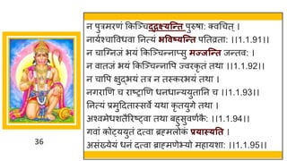 36
न पुत्रमिणं ककजञ्चद्द्रक्ष्यत्न्त पुरुषा: क्वधचत्।
नायुश्चाववधवा तनत्यं भववष्यत्न्त पततव्रता: ।।1.1.91।।
न चाजवनजं भयं ककजञ्चन्नाप्सु मज्जत्न्त जन्तव: ।
न वातजं भयं ककजञ्चन्नावप ज्विकृ तं तथा ।।1.1.92।।
न चावप क्षुद्भयं तत्र न तस्किभयं तथा ।
नगिाणण च िाष्राणण धनधान्ययुतातन च ।।1.1.93।।
तनत्यं प्रमुद्रदतास्सवे यथा कृ तयुगे तथा ।
अश्वमेधशतैरिष््वा तथा बहुसुवणुक
ै : ।।1.1.94।।
गवां को्ययुतं दत्वा ब्रह्मलोक
ं प्रयास्यतत ।
असंख्येयं धनं दत्वा ब्राह्मणेभ्यो महायशा: ।।1.1.95।।
 