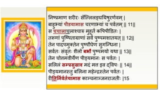 तनष्प्रमाण शिीिः सँजल्ललङ्घतयषुिणुवम्|
बाहुभ्यां पीडयामास चिणाभ्यां च पवुतम्|| 11||
स चचालाचलाश्चारु मुहूतं कवपपीडडतः |
तरूणां पुजष्पताग्राणां सवं पुष्पमशातयत्|| 12||
तेन पादपमुक्तेन पुष्पौघेण सुगजन्धना |
सवुतः संवृतः शैलो िभौ पुष्पमयो यथा || 13||
तेन चोत्तमवीयेण पीड्यमानः स पवुतः |
ससललं सम्प्रसुस्राव मदं मत्त इव द्ववपः || 14||
पीड्यमानस्तु बसलना महेन्िस्तेन पवुतः |
िीतततनगवगतगयामास काञ्चनाञ्जनिाजतीः |15
 