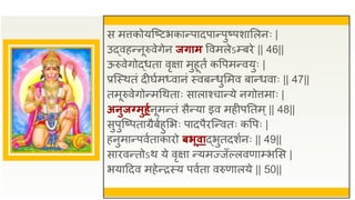 स मत्तकोयजष्टभकान्पादपान्पुष्पशासलनः |
उद्वहन्नूरुवेगेन जिाम ववमलेऽम्प्बिे || 46||
ऊरुवेगोद्धता वृक्षा मुहूतं कवपमन्वयुः |
प्रजस्थतं दीघुमध्वानं स्वबन्धुसमव बान्धवाः || 47||
तमूरुवेगोन्मधथताः सालाश्चान्ये नगोत्तमाः |
अनुजग्मुहगनूमन्तं सैन्या इव महीपततम्|| 48||
सुपुजष्पताग्रैबुहुसभः पादपैिजन्वतः कवपः |
हनुमान्पवुताकािो िभूवाद्भुतदशुनः || 49||
सािवन्तोऽथ ये वृक्षा न्यमज्जँल्लवणाम्प्भसस |
भयाद्रदव महेन्िस्य पवुता वरुणालये || 50||
 