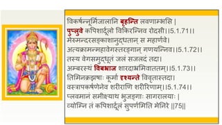 ववकषुन्नूसमुजालातन िृहत्न्त लवणाम्प्भसस |
पुप्लुवे कवपशादूुलो ववककिजन्नव िोदसी।।5.1.71।।
मेरुमन्दिसङ्काशानुद्धतान् स महाणुवे।
अत्यक्रामन्महावेगस्तिङ्गान् गणयजन्नव।।5.1.72।।
तस्य वेगसमुद्धूतं जलं सजलदं तदा।
अम्प्बिस्थं वविभ्राज शािदाभ्रसमवाततम्।।5.1.73।।
ततसमनक्रझषाः क
ू माु दृश्यन्ते वववृतास्तदा।
वस्त्रापकषुणेनेव शिीिाणण शिीरिणाम्।।5.1.74।।
प्लवमानं समीक्ष्याथ भुजङ्गाः सागिालयाः |
व्योजम्प्न तं कवपशादूुलं सुपणुसमतत मेतनिे ||75||
 