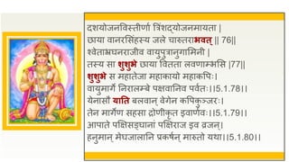 दशयोजनववस्तीणाु त्रत्रंशद्योजनमायता |
छाया वानिससंहस्य जले चारुतिाभवत्|| 76||
श्वेताभ्रघनिाजीव वायुपुत्रानुगासमनी |
तस्य सा र्ुर्ुभे छाया ववतता लवणाम्प्भसस |77||
र्ुर्ुभे स महातेजा महाकायो महाकवपः।
वायुमागे तनिालम्प्बे पक्षवातनव पवुतः।।5.1.78।।
येनासौ यातत बलवान्वेगेन कवपक
ु ञ्जिः।
तेन मागेण सहसा िोणीकृ त इवाणुवः।।5.1.79।।
आपाते पक्षक्षसङ्घानां पक्षक्षिाज इव व्रजन्।
हनुमान्मेघजालातन प्रकषुन्मारुतो यथा।।5.1.80।।
 