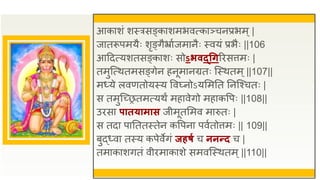 आकाशं शस्त्रसङ्काशमभवत्काञ्चनप्रभम् |
जातरूपमयैः शृङ्गैभ्राुजमानैः स्वयं प्रभैः ||106
आद्रदत्यशतसङ्काशः सोऽभवद्गिरिसत्तमः |
तमुजत्थतमसङ्गेन हनूमानग्रतः जस्थतम्||107||
मध्ये लवणतोयस्य वव्नोऽयसमतत तनजश्चतः |
स तमुजच्ितमत्यथं महावेगो महाकवपः ||108||
उिसा पातयामास जीमूतसमव मारुतः |
स तदा पातततस्तेन कवपना पवुतोत्तमः || 109||
बुद्ध्वा तस्य कपेवेगं जहर्ग च ननन्द च |
तमाकाशगतं वीिमाकाशे समवजस्थतम्||110||
 