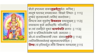 प्रीतो हृष्टमना वाक्यमब्रवीत्प्पवुतः कवपम्|
मानुषं धाियन्रूपमात्मनः सशखिे जस्थतः || 111||
दुष्किं कृ तवान्कमु त्वसमदं वानिोत्तम |
तनपत्य मम शृङ्गेषु ववश्रमस्व यथासुखम्|| 112||
िाघावस्य क
ु ले जातैरुदधधः परिवधधुतः |
स त्वां िामद्रहते युक्तं प्रत्प्यचगयतत सागिः || 113||
कृ ते च प्रततकतुव्यमेष धमुः सनातनः |
सोऽयं तत्प्रततकािाथी त्वत्तः संमानमहगतत || 114||
त्वजन्नसमत्तमनेनाहं बहुमानात्प्रचोद्रदतः |
ततष्ठ त्वं हरिशादूुल मतय ववश्रम्प्य गम्प्यताम्||115
 