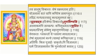 तव सानुषु ववश्रान्तः शेषं प्रक्रमताम्इतत |
योजनानां शतं चावप कवपिेष समाप्लुतः।|116।।
तद्रददं गन्धवत्स्वादु कन्दमूलफलं बहु |
तदास्वाद्य हरिश्रेष्ठ ववश्रान्तोऽनुिसमष्यसस || 117||
अस्माकमवप सम्प्बन्धः कवपमुख्यस्त्वयात्स्त वै |
प्रख्यतजस्त्रषु लोक
े षु महागुणपरिग्रहः || 118||
वेगवन्तः प्लवन्तो ये प्लवगा मारुतात्मज |
तेषां मुख्यतमं मन्ये त्वामहं कवपक
ु ञ्जि || 119||
अततधथः ककल पूजाहुः प्राकृ तोऽवप ववजानता |
धमं जजज्ञासमानेन ककं पुनयाुदृशो भवान्|| 120||
 
