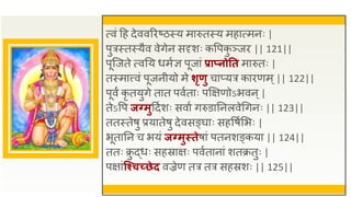त्वं द्रह देववरिष्ठस्य मारुतस्य महात्मनः |
पुत्रस्तस्यैव वेगेन सदृशः कवपक
ु ञ्जि || 121||
पूजजते त्वतय धमुज्ञ पूजां प्राप्नोतत मारुतः |
तस्मात्त्वं पूजनीयो मे र्ृणु चाप्यत्र कािणम्|| 122||
पूवं कृ तयुगे तात पवुताः पक्षक्षणोऽभवन्|
तेऽवप जग्मुद्रदुशः सवाु गरुडातनलवेधगनः || 123||
ततस्तेषु प्रयातेषु देवसङ्घाः सहवषुसभः |
भूतातन च भयं जग्मुस्तेषां पतनशङ्कया || 124||
ततः क्र
ु द्धः सहस्राक्षः पवुतानां शतक्रतुः |
पक्षांत्श्चच्छेद वज्रेण तत्र तत्र सहस्रशः || 125||
 