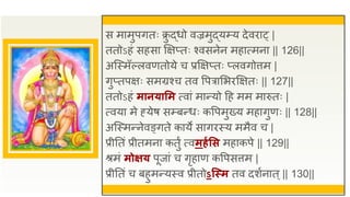 स मामुपगतः क्र
ु द्धो वज्रमुद्यम्प्य देविा् |
ततोऽहं सहसा क्षक्षप्तः श्वसनेन महात्मना || 126||
अजस्मँल्लवणतोये च प्रक्षक्षप्तः प्लवगोत्तम |
गुप्तपक्षः समग्रश्च तव वपत्रासभिक्षक्षतः || 127||
ततोऽहं मानयासम त्वां मान्यो द्रह मम मारुतः |
त्वया मे ह्येष सम्प्बन्धः कवपमुख्य महागुणः || 128||
अजस्मन्नेवङ्गते काये सागिस्य ममैव च |
प्रीततं प्रीतमना कतुं त्वमहगसस महाकपे || 129||
श्रमं मोक्षय पूजां च गृहाण कवपसत्तम |
प्रीततं च बहुमन्यस्व प्रीतोऽत्स्म तव दशुनात ्|| 130||
 
