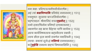 मम भक्षः प्रद्रदष्टस्त्वमीश्विैवाुनिषुभ |
अहं त्वां भक्षतयष्यासम प्रववशेदं ममाननम्|| 151||
एवमुक्तः सुिसया प्राञ्जसलवाुनिषुभः |
प्रहृष्टवदनः श्रीमातनदं वचनमब्रवीत्|| 152||
िामो दाशिधथनाुम प्रववष्टो दण्डकावनम्|
लक्ष्मणेन सह भ्रात्रा वैदेह्या चावप भायुया || 153||
अस्य कायुववषक्तस्य बद्धवैिस्य िाक्षसैः |
तस्य सीता हृता भायाु िावणेन यशजस्वनी || 154||
तस्याः सकाशं दूतोऽहं िसमष्ये िामशासनात्|
कतुुमहगसस िामस्य साह्यं ववषयवाससतन || 155||
 