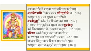 अथ वा मैधथलीं दृष््वा िामं चाजक्लष्टकारिणम्|
आिसमष्यासम ते वक्त्रं सत्यं प्रततर्ृणोसम ते || 156||
एवमुक्ता हनुमता सुिसा कामरूवपणी |
अब्रवीन्नाततवतेन्मां कजश्चदेष विो मम || 157||
तं प्रयान्तं समुद्वीक्ष्य सुिसा वाक्यमब्रवीत्।
बलं जजज्ञासमाना वै नागमाता हनूमतः।।5.1.158।।
प्रववश्य वदनं मेऽद्य गन्तव्यं वानिोत्तम।
वि एष पुिा दत्तो मम धात्रेतत सत्विा।।5.1.159।।
व्यादाय ववपुलं वक्त्रं जस्थता सा मारुतेः पुिः।
एवमुक्तः सुिसया क्र
ु द्धो वानिपुङ्गवः ||160||
 