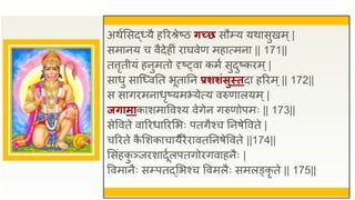 अथुससद्ध्यै हरिश्रेष्ठ िच्छ सौम्प्य यथासुखम्|
समानय च वैदेहीं िाघवेण महात्मना || 171||
तत्तृतीयं हनुमतो दृष््वा कमु सुदुष्किम्|
साधु साजध्वतत भूतातन प्रर्र्ंसुस्तदा हरिम्|| 172||
स सागिमनाधृष्यमभ्येत्य वरुणालयम्|
जिामाकाशमाववश्य वेगेन गरुणोपमः || 173||
सेववते वारिधारिसभः पतगैश्च तनषेववते |
चरिते क
ै सशकाचायैिैिावततनषेववते ||174||
ससंहक
ु ञ्जिशादूुलपतगोिगवाहनैः |
ववमानैः सम्प्पतद्सभश्च ववमलैः समलङ्कृ ते || 175||
 