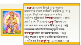 स ददर्ग ततस्तस्या ववकृ तं सुमहन्मुखम्|
कायमात्रं च मेधावी ममाुणण च महाकवपः || 191||
स तस्या वववृते वक्त्रे वज्रसंहननः कवपः |
सङ्क्षक्षप्य मुहुिात्मानं तनष्पपात महाबलः || 192||
आस्ये तस्या तनमज्जन्तं ददृर्ुुः ससद्धचािणाः |
ग्रस्यमानं यथा चन्िं पूणं पवुणण िाहुणा || 193||
ततस्तस्य नखैस्तीक्ष्णैमुमाुण्युत्कृ त्य वानिः |
उत्प्पपाताथ वेगेन मनःसम्प्पातववक्रमः |194||
तां तु दृष््वा च धृत्या च दाक्षक्षण्येन तनपात्य च।
स कवपप्रविो वेगाद्ववृधे पुनिात्मवान्।।5.1.195।।
 