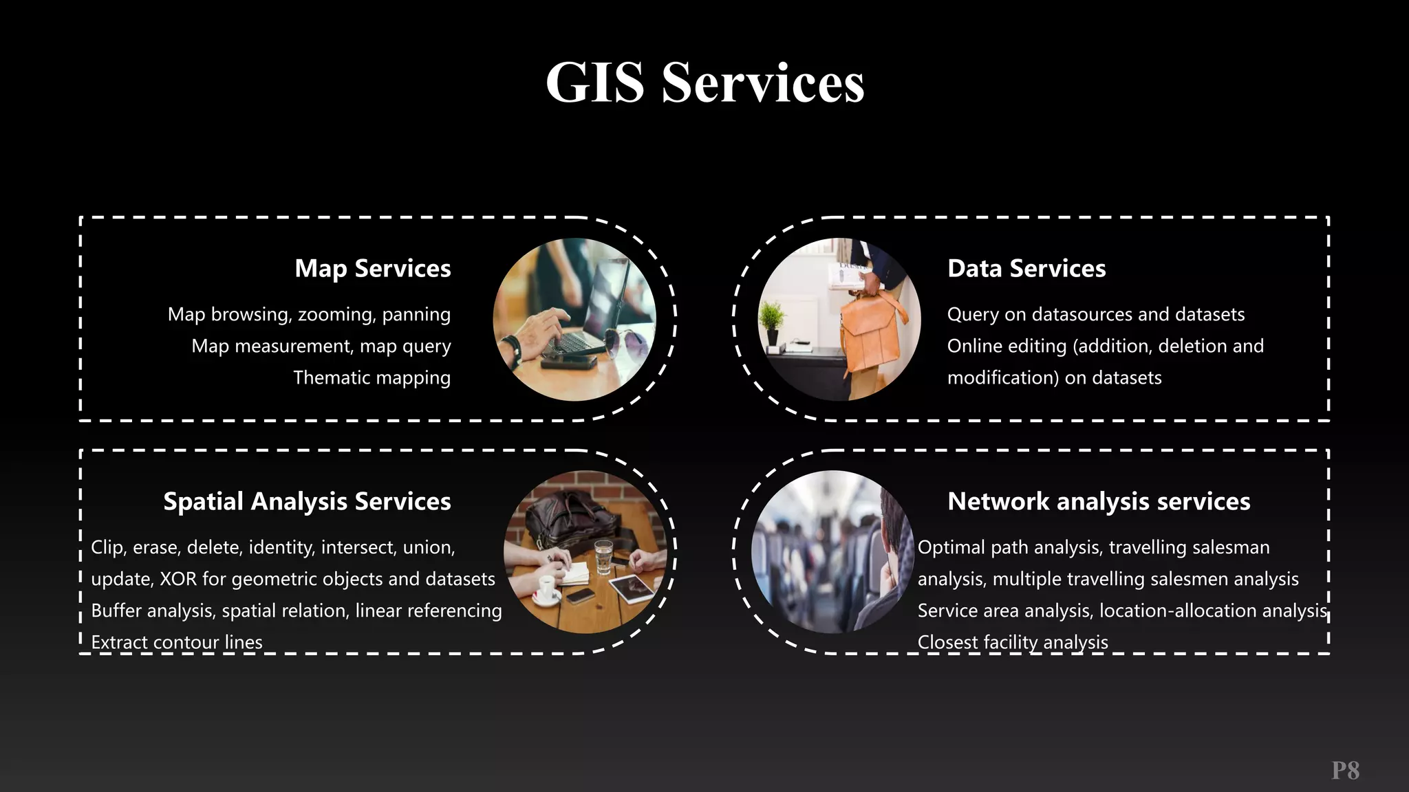 P8
GIS Services
Query on datasources and datasets
Online editing (addition, deletion and
modification) on datasets
Data Services
Optimal path analysis, travelling salesman
analysis, multiple travelling salesmen analysis
Service area analysis, location-allocation analysis
Closest facility analysis
Network analysis services
Map browsing, zooming, panning
Map measurement, map query
Thematic mapping
Map Services
Clip, erase, delete, identity, intersect, union,
update, XOR for geometric objects and datasets
Buffer analysis, spatial relation, linear referencing
Extract contour lines
Spatial Analysis Services
 