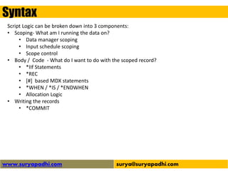 Syntax
www.suryapadhi.com surya@suryapadhi.com
Script Logic can be broken down into 3 components:
• Scoping- What am I running the data on?
• Data manager scoping
• Input schedule scoping
• Scope control
• Body / Code - What do I want to do with the scoped record?
• *IIf Statements
• *REC
• [#] based MDX statements
• *WHEN / *IS / *ENDWHEN
• Allocation Logic
• Writing the records
• *COMMIT
 