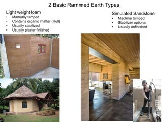 2 Basic Rammed Earth Types
Light weight loam
• Manually tamped
• Contains organic matter (Hull)
• Usually stabilized
• Usually plaster finished
Simulated Sandstone
• Machine tamped
• Stabilizer optional
• Usually unfinished
 