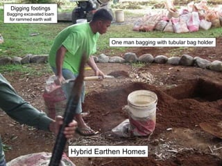 Hybrid Earthen Homes
Digging footings
Bagging excavated loam
for rammed earth wall
One man bagging with tubular bag holder
 