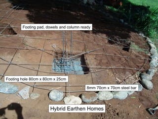 Hybrid Earthen Homes
Footing pad, dowels and column ready
Footing hole 80cm x 80cm x 25cm
8mm 70cm x 70cm steel bar
 