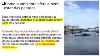 Como o ambiente afeta o bem-
estar das pessoas.
Essa interação entre o meio ambiente e a
saúde aborda aspectos que influenciam o bem-
estar das pessoas.
Dados da Organização Mundial da Saúde (OMS)
mostram que ambientes mais saudáveis poderiam
evitar quase um quarto da carga global de doenças.
Em 2016, a agência estimou que 13,7 milhões de
mortes foram causadas por riscos ambientais
modificáveis.
 