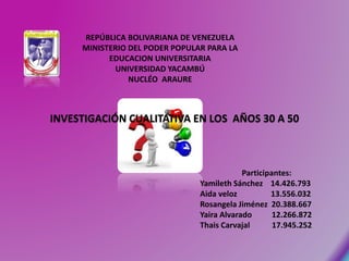 REPÚBLICA BOLIVARIANA DE VENEZUELA
MINISTERIO DEL PODER POPULAR PARA LA
EDUCACION UNIVERSITARIA
UNIVERSIDAD YACAMBÚ
NUCLÉO ARAURE
INVESTIGACIÓN CUALITATIVA EN LOS AÑOS 30 A 50
Participantes:
Yamileth Sánchez 14.426.793
Aida veloz 13.556.032
Rosangela Jiménez 20.388.667
Yaira Alvarado 12.266.872
Thais Carvajal 17.945.252
 