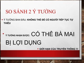 SO SÁNH 2 Ý TƯỞNG
• Ý TƯỞNG BAN ĐẦU: KHÔNG THỂ ĐỂ CÓ NGƯỜI TIẾP TỤC TỰ
THIÊU

Ý TƯỞNG NHẬN ĐƯỢC: CÓ THỂ BÀ MAI
BỊ LỢI DỤNG
• GIỚI HẠN CỦA TRUYỀN THÔNG !!!
 
