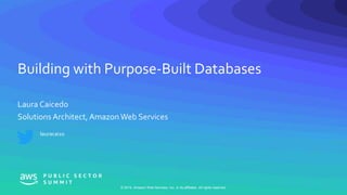 © 2019, Amazon Web Services, Inc. or its affiliates. All rights reserved.
Laura Caicedo
Solutions Architect,Amazon Web Services
Building with Purpose-Built Databases
lauracai10
 