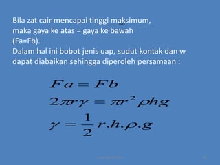 Bila zat cair mencapai tinggi maksimum,
……………………….(1d)
maka gaya ke atas = gaya ke bawah
(Fa=Fb).
Dalam hal ini bobot jenis uap, sudut kontak dan w
dapat diabaikan sehingga diperoleh persamaan :

Fa
2 r

Fb
r
1
r .h.
2
copyright by mira

2

hg
.g
10

 