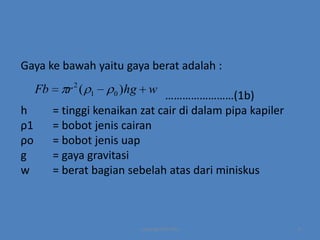 Gaya ke bawah yaitu gaya berat adalah :
Fb

h
ρ1
ρo
g
w

r2(

)hg w

……………………(1b)
= tinggi kenaikan zat cair di dalam pipa kapiler
= bobot jenis cairan
= bobot jenis uap
= gaya gravitasi
= berat bagian sebelah atas dari miniskus
1

0

copyright by mira

9

 