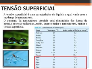 TENSÃO SUPERFICIAL
A tensão superficial é uma característica do líquido a qual varia com a
mudança de temperatura.
O aumento da temperatura propicia uma diminuição das forças de
atração entre as moléculas. Assim, quanto maior a temperatura, menor a
tensão superficial.
 