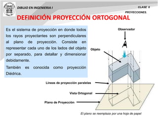 DIBUJO EN INGENIERIA I CLASE 6
PROYECCIONES.
DEFINICIÓN PROYECCIÓN ORTOGONAL
Vista Ortogonal
Objeto
Es el sistema de proyección en donde todos
los rayos proyectantes son perpendiculares
al plano de proyección. Consiste en
representar cada uno de los lados del objeto
por separado, para detallar y dimensionar
debidamente.
También es conocida como proyección
Diédrica.
Líneas de proyección paralelas
Plano de Proyección
Observador
El plano se reemplaza por una hoja de papel
 