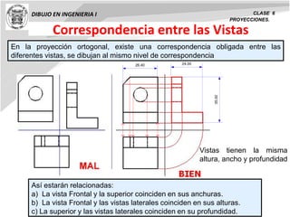 DIBUJO EN INGENIERIA I CLASE 6
PROYECCIONES.
Correspondencia entre las Vistas
En la proyección ortogonal, existe una correspondencia obligada entre las
diferentes vistas, se dibujan al mismo nivel de correspondencia
35.00
24.00
26.40
Vistas tienen la misma
altura, ancho y profundidad
Así estarán relacionadas:
a) La vista Frontal y la superior coinciden en sus anchuras.
b) La vista Frontal y las vistas laterales coinciden en sus alturas.
c) La superior y las vistas laterales coinciden en su profundidad.
 