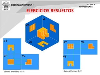 DIBUJO EN INGENIERIA I CLASE 6
PROYECCIONES.
EJERCICIOS RESUELTOS
VF
VS
VL
VF
VS
VL
VF
VS
VL
 