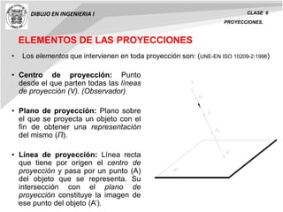 4
ELEMENTOS DE LAS PROYECCIONES
DIBUJO EN INGENIERIA I CLASE 6
PROYECCIONES.
• Centro de proyección: Punto
desde el que parten todas las líneas
de proyección (V). (Observador)
• Plano de proyección: Plano sobre
el que se proyecta un objeto con el
fin de obtener una representación
del mismo (Π).
• Línea de proyección: Línea recta
que tiene por origen el centro de
proyección y pasa por un punto (A)
del objeto que se representa. Su
intersección con el plano de
proyección constituye la imagen de
ese punto del objeto (A’).
• Los elementos que intervienen en toda proyección son: (UNE-EN ISO 10209-2:1996)
 