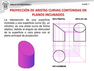 PROYECCIÓN DE ARISTAS CURVAS CONTENIDAS EN
PLANOS INCLINADOS
DIBUJO EN INGENIERIA I CLASE 7
La intersección de una superficie
inclinada y una superficie curva (Ej. un
cilindro), es una arista curva de forma
elíptica, debido al ángulo de oblicuidad
de la superficie o cara plana con el
plano principal de proyección.
 