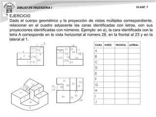 DIBUJO EN INGENIERIA I CLASE 7
EJERCICIO
Dado el cuerpo geométrico y la proyección de vistas múltiples correspondiente,
relacionar en el cuadro adyacente las caras identificadas con letras, con sus
proyecciones identificadas con números. Ejemplo: en a), la cara identificada con la
letra A corresponde en la vista horizontal al número 28, en la frontal al 23 y en la
lateral al 1.
 