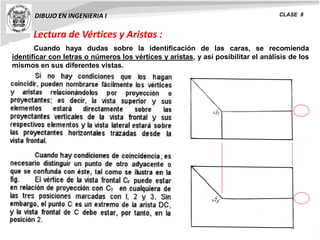 DIBUJO EN INGENIERIA I CLASE 8
Lectura de Vértices y Aristas :
Cuando haya dudas sobre la identificación de las caras, se recomienda
identificar con letras o números los vértices y aristas, y así posibilitar el análisis de los
mismos en sus diferentes vistas.
 