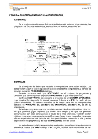 EC informática. 08                                                           Unidad N° 1
    IFDC-VM


PRINCIPALES COMPONENTES DE UNA COMPUTADORA

      HARDWARE

           Es el conjunto de elementos físicos ó periféricos del sistema: el procesador, las
      plaquetas, los circuitos electrónicos, el disco duro, el monitor, el teclado, etc.




      SOFTWARE

             Es el conjunto de datos que necesita la computadora para poder trabajar. Los
      datos varían según el tipo de operación que deba realizar la computadora, y por eso se
      agrupan formando PROGRAMAS distintos.
             También podemos decir que SOFTWARE, es el conjunto de programas y
      utilidades que se encargan de explicar al HARDWARE lo que tiene que hacer.
             Dentro del SOFTWARE, es necesaria la presencia de un SISTEMA OPERATIVO,
      cuya principal función es la de traducir nuestras órdenes a la P.C. de modo tal que
      pueda entenderlas. El sistema operativo de la mayor parte de las computadoras
      actuales es WINDOWS’ 98, Windows ME (Millennium), Windows XP, de ahí su
      importancia.
             Así existen programas que nos permiten resolver cálculos matemáticos, otros con
      los que podemos jugar, aquellos que sirven para dibujar y los que nos permiten
      comunicarnos con otras computadoras a través de la línea telefónica. También existen
      distintos programas para proyectar un edificio, para hacer videos musicales, para crear
      efectos especiales en una película, etc. Las posibilidades crecen día a día, y éstas
      dependen de los programas y del tipo de HARDWARE que se utilice.

          No todas las computadoras personales son iguales, pero sí comparten los mismos
      elementos. Desde que IBM introdujo la PC original, muchos otros fabricantes se han

www.ifdcvm.slu.infd.edu.ar/aula                                              Página 7 de 33
 