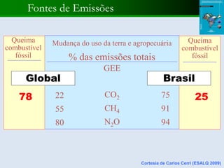 Mudança do uso da terra e agropecuária
% das emissões totais
GEE
CO2
CH4
N2O
22
55
80
75
91
94
Queima
combustível
fóssil
Queima
combustível
fóssil
78 25
Global Brasil
Fontes de Emissões
Cortesia de Carlos Cerri (ESALQ 2009)
 