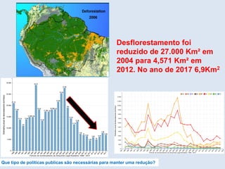 Que tipo de politicas publicas são necessárias para manter uma redução?
Desflorestamento foi
reduzido de 27.000 Km² em
2004 para 4,571 Km² em
2012. No ano de 2017 6,9Km2
 