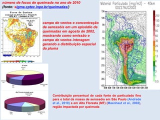 número de focos de queimada no ano de 2010
(fonte: sigma.cptec.inpe.br/queimadas/)
campo de ventos e concentração
de aerossóis em um episódio de
queimadas em agosto de 2002,
mostrando como emissão e
campo de ventos interagem
gerando a distribuição espacial
da pluma
S. Paulo
solo
13%
industrial
13%
Veiculos
40%
Indeterminado
34%
Alta Floresta (estação seca)
Solo
14%
Queimada
71%
Biogênicos
5%
Outros
10%
Contribuição percentual de cada fonte de particulado fino
para o total da massa de aerossóis em São Paulo (Andrade
et al., 2010) e em Alta Floresta (MT) (Maenhaut et al., 2002),
região impactada por queimada
 