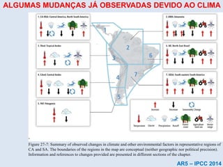 Do Not Cite, Quote, or DistributePrior to Public Releaseon 31 March 2014
Figure 27-7: Summary of observed changes in climate and other environmental factors in representative regions of
CA and SA. The boundaries of the regions in the map are conceptual (neither geographic nor political precision).
Information and references to changes provided are presented in different sections of the chapter.
ALGUMAS MUDANÇAS JÁ OBSERVADAS DEVIDO AO CLIMA
AR5 – IPCC 2014
 