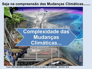 Fonte: PERTUBAÇÕES HUMANAS NO CICLO GLOBAL DE CARBONO - ARTAXO, 2012
Seja na compreensão das Mudanças Climáticas.......
Complexidade das
Mudanças
Climáticas...
 