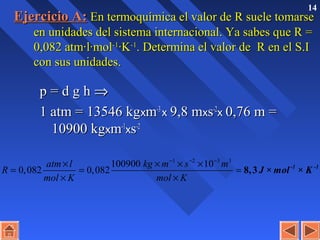 14
Ejercicio A:Ejercicio A: En termoquímica el valor de R suele tomarseEn termoquímica el valor de R suele tomarse
en unidades del sistema internacional. Ya sabes que R =en unidades del sistema internacional. Ya sabes que R =
0,082 atm·l·mol0,082 atm·l·mol-1-1
·K·K-1-1
. Determina el valor de R en el S.I. Determina el valor de R en el S.I
con sus unidades.con sus unidades.
p = d g hp = d g h ⇒⇒
1 atm = 13546 kg1 atm = 13546 kgxxmm-3-3
xx 9,8 m9,8 mxxss-2-2
xx 0,76 m =0,76 m =
10900 kg10900 kgxxmm-1-1
xxss-2-2
1 2 3 3
100900 10
0,082 0,082
− − −
× × × ×
= = =
× ×
-1 -1
J × mol × K
atm l kg m s m
R
mol K mol K
8,3
 