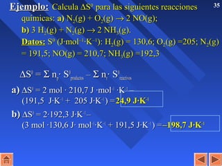35Ejemplo:Ejemplo: CalculaCalcula ∆∆SS00
para las siguientes reaccionespara las siguientes reacciones
químicas:químicas: a)a) NN22(g) + O(g) + O22(g)(g) →→ 2 NO(g);2 NO(g);
b)b) 3 H3 H22(g) + N(g) + N22(g)(g) →→ 2 NH2 NH33(g).(g).
Datos:Datos: SS00
(J·mol(J·mol–1–1
·K·K–1–1
): H): H22(g) = 130,6; O(g) = 130,6; O22(g) =205; N(g) =205; N22(g)(g)
= 191,5; NO(g) = 210,7; NH= 191,5; NO(g) = 210,7; NH33(g) =192,3(g) =192,3
∆∆SS00
== ΣΣ nnpp· S· S00
productosproductos –– ΣΣ nnrr· S· S00
reactivosreactivos
a)a) ∆∆SS00
= 2 mol · 210,7 J ·mol= 2 mol · 210,7 J ·mol–1–1
·K·K–1–1
––
(191,5 J·K(191,5 J·K–1–1
+ 205 J·K+ 205 J·K–1–1
) =) =24,9 J·K24,9 J·K–1–1
b)b) ∆∆SS00
= 2·192,3 J·K= 2·192,3 J·K–1–1
––
(3 mol ·130,6 J· mol(3 mol ·130,6 J· mol–1–1
·K·K–1–1
+ 191,5 J·K+ 191,5 J·K–1–1
) =) =–198,7 J·K–198,7 J·K–1–1
 