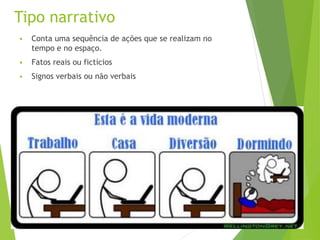 Tipo narrativo
 Conta uma sequência de ações que se realizam no
tempo e no espaço.
 Fatos reais ou fictícios
 Signos verbais ou não verbais
 