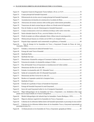 PLAN DE MANEJO AMBIENTAL DE LOS HUMEDALES TORCA Y GUAYMARALviii
Figura 34. Fragmento Guatavita Desgrasante Tiestos hallado a 28 cm. en ToT1..........................................54
Figura 35. Cuerpo principal del humedal Guaymaral....................................................................................54
Figura 36. Diferenciación de niveles cerca al cuerpo principal del humedal Guaymaral ..............................55
Figura 37. Acumulaciones de desechos de construcción al occidente de Bima.............................................55
Figura 38. Alteraciones de texturas arenosas sobre arcillas grises relativamente permeables.......................56
Figura 39. Transiciones de talud a terraza baja por relleno en el borde norte de Guaymaral ........................56
Figura 40. Pozo de Sondeo en zona de Talud progresivo humedal Guaymaral.............................................57
Figura 41. Cuerpo en desecación a nivel con coberturas de kikuyo sobre suelos removidos ........................57
Figura 42. Suelos alterados hasta los 50 cm., con nivel freático a los 45 cm.................................................58
Figura 43. Predio levantado con rellenos aplanados frente a Bima (zona de amortiguación)........................58
Figura 44. Obstrucción por basuras en el límite con la UDCA y la Autopista Norte ....................................59
Figura 45. Pequeño dique separando canal contaminado con gallinaza y el humedal...................................60
Figura 46. Área de drenaje de los humedales de Torca y Guaymaral (Tomado de Ponce de León y
Asociados, 2002a) .....................................................................................................................................61
Figura 47. Entradas y estructuras de salida del humedal Torca .....................................................................62
Figura 48. Entrega del canal Torca al humedal..............................................................................................62
Figura 49. Quebrada Patiño ...........................................................................................................................63
Figura 50. Quebrada San Juan .......................................................................................................................63
Figura 51. Dimensiones Alcantarilla contigua al Cementerio Jardines de Paz (Estructura E1).....................64
Figura 52. Estructura de entrada a la alcantarilla contigua a Cafam..............................................................64
Figura 53. Paso del humedal Torca al Guaymaral en inmediaciones de Cafam (salida) ...............................64
Figura 54. Dimensiones del Box de la calle 200............................................................................................65
Figura 55. Entrada a la alcantarilla calle 222 (Humedal Torca) ...................................................................65
Figura 56. Salida de la alcantarilla calle 222 (Humedal Guaymaral).............................................................65
Figura 57. Dimensiones del Box Culvert de la calle 222...............................................................................65
Figura 58. Bomba en el separador central de la Autopista Norte...................................................................66
Figura 59. Quebrada el Guaco .......................................................................................................................66
Figura 60. Entrada de la quebrada el Guaco al humedal de Guaymaral ........................................................66
Figura 61. Entrega del humedal Guaymaral al canal Guaymaral...................................................................67
Figura 62. Inicio del canal Guaymaral (sobre la vía al Aeropuerto Guaymaral) ...........................................67
Figura 63. Mapa hidrogeológico de los humedales de Torca y Guaymaral y sus alrededores (Este mapa
puede verse en mayor detalle en el Anexo Cartográfico). .........................................................................76
Figura 64. Modelo hidrogeológico del subsuelo bajo los humedales. Fuente (Rodríguez, 1993)..................78
Figura 65. Mapa de cobertura vegetal de los humedales de Torca y Guaymaral...........................................80
Figura 66. Cobertura de los diferentes hábitat dentro del humedal representado en porcentaje de área (m2)81
Figura 67. Cobertura de los diferentes hábitat dentro de los humedales Torca y Guaymaral representado en
porcentaje de área (%) ...............................................................................................................................82
Figura 68. Avifauna presente en los humedales de Torca y Guaymaral, agrupada por hábitat. ....................85
 