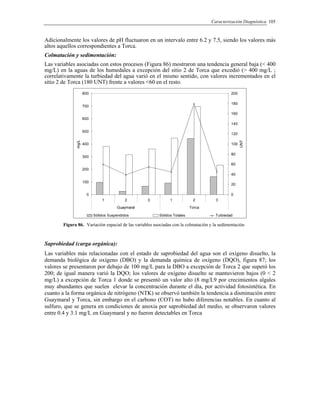 Caracterización Diagnóstica 105
Adicionalmente los valores de pH fluctuaron en un intervalo entre 6.2 y 7.5, siendo los valores más
altos aquellos correspondientes a Torca.
Colmatación y sedimentación:
Las variables asociadas con estos procesos (Figura 86) mostraron una tendencia general baja (< 400
mg/L) en la aguas de los humedales a excepción del sitio 2 de Torca que excedió (> 400 mg/L ;
correlativamente la turbiedad del agua varió en el mismo sentido, con valores incrementados en el
sitio 2 de Torca (180 UNT) frente a valores <60 en el resto.
0
100
200
300
400
500
600
700
800
1 2 3 1 2 3
Guaymaral Torca
mg/L
0
20
40
60
80
100
120
140
160
180
200
UNT
Sòlidos Suspendidos Sòlidos Totales Turbiedad
Figura 86. Variación espacial de las variables asociadas con la colmatación y la sedimentación
Saprobiedad (carga orgánica):
Las variables más relacionadas con el estado de saprobiedad del agua son el oxígeno disuelto, la
demanda biológica de oxígeno (DBO) y la demanda química de oxígeno (DQO), figura 87; los
valores se presentaron por debajo de 100 mg/L para la DBO a excepción de Torca 2 que superó los
200; de igual manera varió la DQO; los valores de oxígeno disuelto se mantuvieron bajos (0 < 2
mg/L) a excepción de Torca 1 donde se presentó un valor alto (8 mg/L9 por crecimientos algales
muy abundantes que suelen elevar la concentración durante el día, por actividad fotosintética. En
cuanto a la forma orgánica de nitrógeno (NTK) se observó también la tendencia a disminución entre
Guaymaral y Torca, sin embargo en el carbono (COT) no hubo diferencias notables. En cuanto al
sulfuro, que se genera en condiciones de anoxia por saprobiedad del medio, se observaron valores
entre 0.4 y 3.1 mg/L en Guaymaral y no fueron detectables en Torca
 