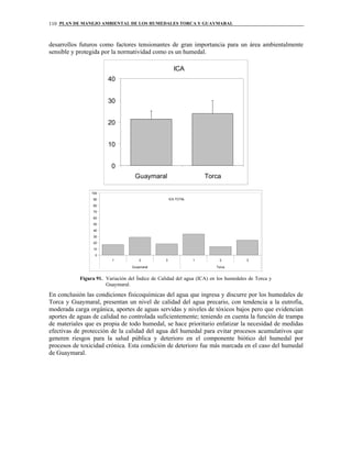 PLAN DE MANEJO AMBIENTAL DE LOS HUMEDALES TORCA Y GUAYMARAL110
desarrollos futuros como factores tensionantes de gran importancia para un área ambientalmente
sensible y protegida por la normatividad como es un humedal.
ICA
0
10
20
30
40
Guaymaral Torca
ICA TOTAL
0
10
20
30
40
50
60
70
80
90
100
1 2 3 1 2 3
Guaymaral Torca
Figura 91. Variación del Índice de Calidad del agua (ICA) en los humedales de Torca y
Guaymaral.
En conclusión las condiciones fisicoquímicas del agua que ingresa y discurre por los humedales de
Torca y Guaymaral, presentan un nivel de calidad del agua precario, con tendencia a la eutrofia,
moderada carga orgánica, aportes de aguas servidas y niveles de tóxicos bajos pero que evidencian
aportes de aguas de calidad no controlada suficientemente; teniendo en cuenta la función de trampa
de materiales que es propia de todo humedal, se hace prioritario enfatizar la necesidad de medidas
efectivas de protección de la calidad del agua del humedal para evitar procesos acumulativos que
generen riesgos para la salud pública y deterioro en el componente biótico del humedal por
procesos de toxicidad crónica. Esta condición de deterioro fue más marcada en el caso del humedal
de Guaymaral.
 