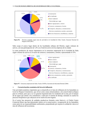 PLAN DE MANEJO AMBIENTAL DE LOS HUMEDALES TORCA Y GUAYMARAL118
13,0%
21,2%
36,0%
15,2%
0,3%
3,4%
3,7% 0,2%
7,1%
Construcción
No clasificado
Sector industrial
Electricidad, gas y agua
Sector agropecuario y minero
Comercio, restaurantes y hoteles
Transporte, almacenes y comunicaciones
Servicios comunitarios, sociales y personales
Servicios financieros, inmobiliarias y empresas
Figura 96. Personas ocupadas según rama de actividad en la localidad de Suba. Fuente: Encuesta Nacional de
Hogares ENH (2001)
Suba ocupa el octavo lugar dentro de las localidades urbanas del Distrito, según volumen de
activos, con una participación de 1,4% en el total de activos de las empresas de la ciudad.
La rama productiva de mayor importancia en la estructura empresarial de la localidad de Suba
según volumen de activos es el sector de comercio, restaurantes y hoteles, representando el 33%.
11,5%
33,1%
19,7%
2,4%
0,1%
15,7%
6,1% 0,1%
8,8%
2,5%
Sector agropecuario
Sector minero
Sector industrial
Electricidad, gas y agua
Construcción
Comercio, restaurantes y hoteles
Transporte, almacenes y comunicaciones
Servicios financieros, inmobiliarias y empresas
Servicios comunitarios, sociales y personales
No clasificado
Figura 97. Estructura empresarial de Suba. Fuente: DAPD y Secretaría de Hacienda Distrital (2004)
Caracterización económica del área de influencia
Una actividad económica importante que se desarrolla en el área de influencia de los humedales es
la de los Parques Cementerios, que sirven como zonas armonizadoras y de conectividad ecológica
para la avifauna, pero que a su vez generan inquietud entre los residentes de la zona, por el manejo
de las aguas que entran a los cementerios y salen por el sistema de drenaje, teniendo en cuenta los
procesos bioquímicos que subyacen en los suelos de estos lugares.
En el sector hay presencia de unidades productivas formales como Intervet y el Outlet Centro
Comercial Bima, que han demostrado interés en la conservación y recuperación de los humedales
como parte de sus responsabilidades ambientales, propendiendo por mejorar la calidad de vida en el
área de influencia del ecosistema.
 