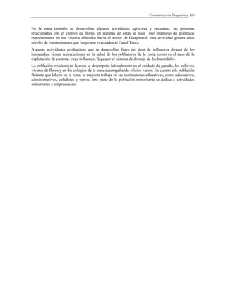 Caracterización Diagnóstica 119
En la zona también se desarrollan algunas actividades agrícolas y pecuarias, las primeras
relacionadas con el cultivo de flores, en algunas de estas se hace uso intensivo de gallinaza,
especialmente en los viveros ubicados hacia el sector de Guaymaral, esta actividad genera altos
niveles de contaminantes que luego son evacuados al Canal Torca.
Algunas actividades productivas que se desarrollan fuera del área de influencia directa de los
humedales, tienen repercusiones en la salud de los pobladores de la zona, como es el caso de la
explotación de canteras cuya influencia llega por el sistema de drenaje de los humedales.
La población residente en la zona se desempeña laboralmente en el cuidado de ganado, los cultivos,
viveros de flores y en los colegios de la zona desempeñando oficios varios. En cuanto a la población
flotante que labora en la zona, la mayoría trabaja en las instituciones educativas, como educadores,
administrativos, celadores y varios, otra parte de la población minoritaria se dedica a actividades
industriales y empresariales.
 